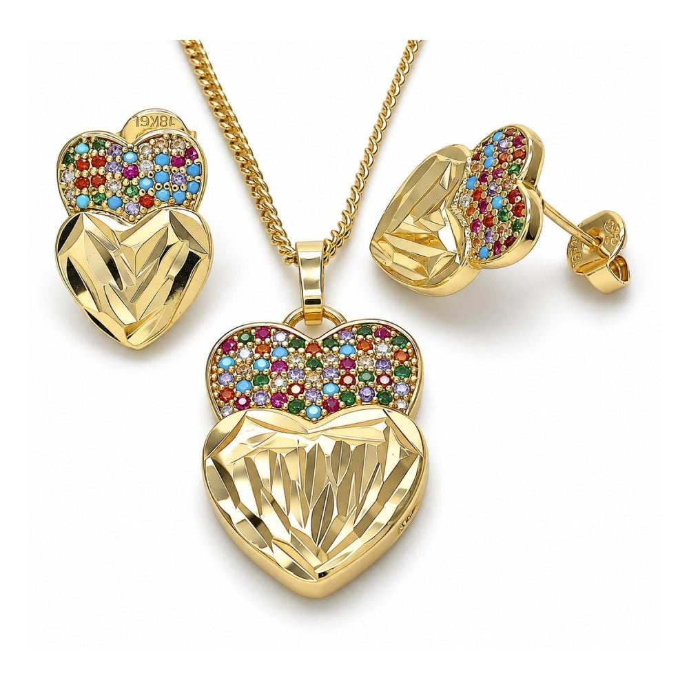 Oro Laminado Earring and Pendant Adult Set, Gold Filled Style Heart Design, with Multicolor Micro Pave, Diamond Cutting Finish, Golden Finish