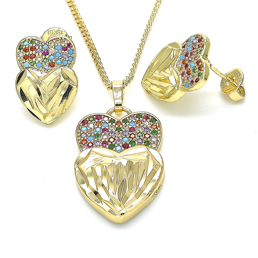Oro Laminado Earring and Pendant Adult Set, Gold Filled Style Heart Design, with Multicolor Micro Pave, Diamond Cutting Finish, Golden Finish