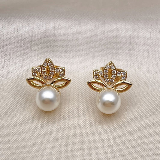 Oro Laminado Stud Earring, Gold Filled Style Leaf and Ball Design, with White Cubic Zirconia and Ivory Pearl, Polished, Golden Finish