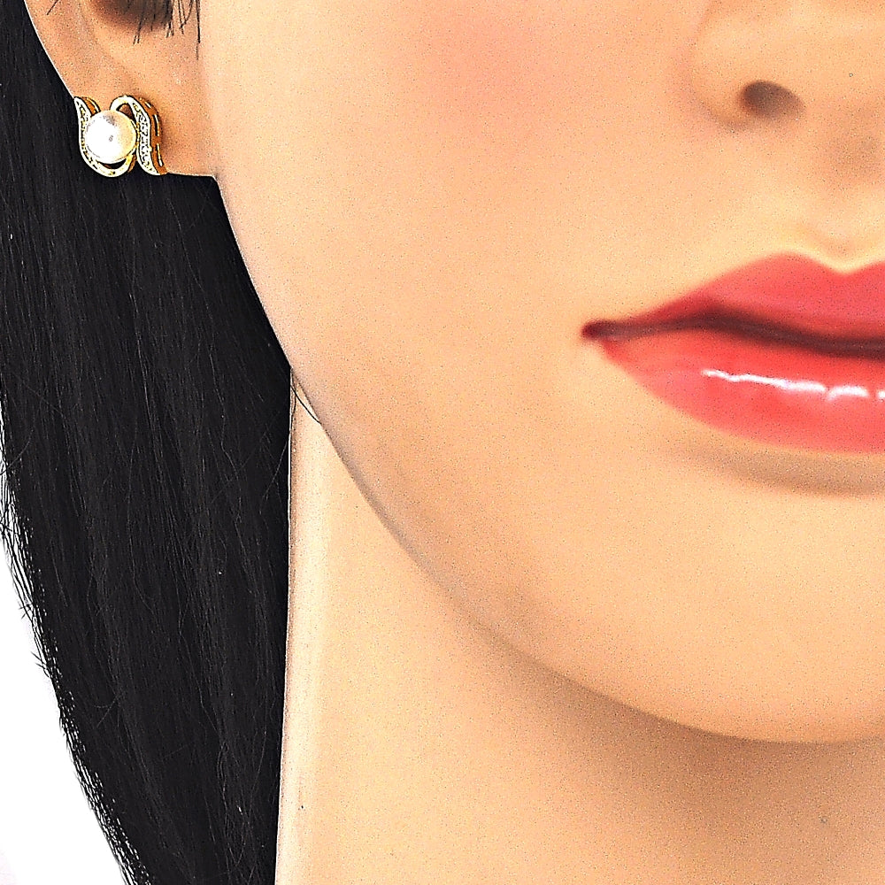 Oro Laminado Stud Earring, Gold Filled Style Ball Design, with Ivory Pearl and White Micro Pave, Polished, Golden Finish