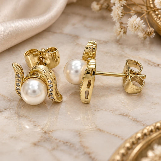 Oro Laminado Stud Earring, Gold Filled Style Ball Design, with Ivory Pearl and White Micro Pave, Polished, Golden Finish