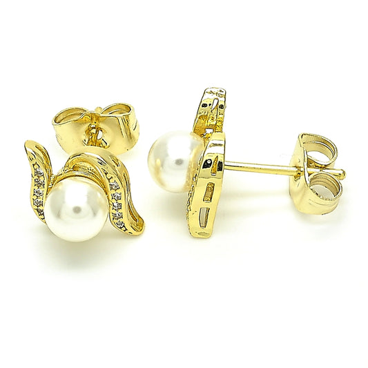 Oro Laminado Stud Earring, Gold Filled Style Ball Design, with Ivory Pearl and White Micro Pave, Polished, Golden Finish