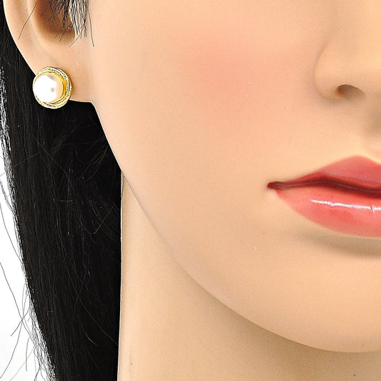 Oro Laminado Stud Earring, Gold Filled Style with Ivory Pearl, Polished, Golden Finish
