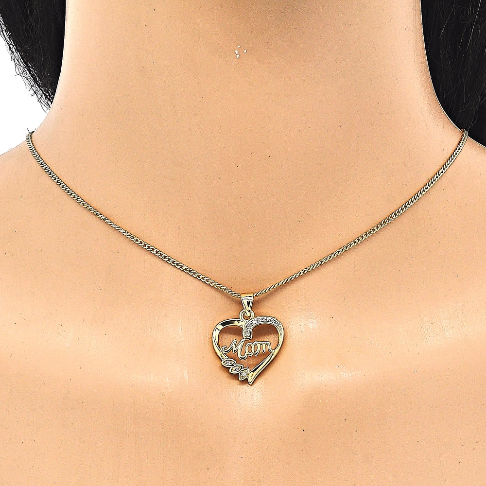 Oro Laminado Pendant Necklace, Gold Filled Style Heart and Mom Design, with White Cubic Zirconia, Polished, Golden Finish