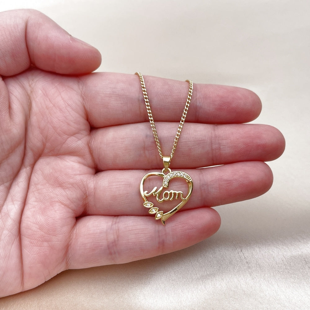 Oro Laminado Pendant Necklace, Gold Filled Style Heart and Mom Design, with White Cubic Zirconia, Polished, Golden Finish