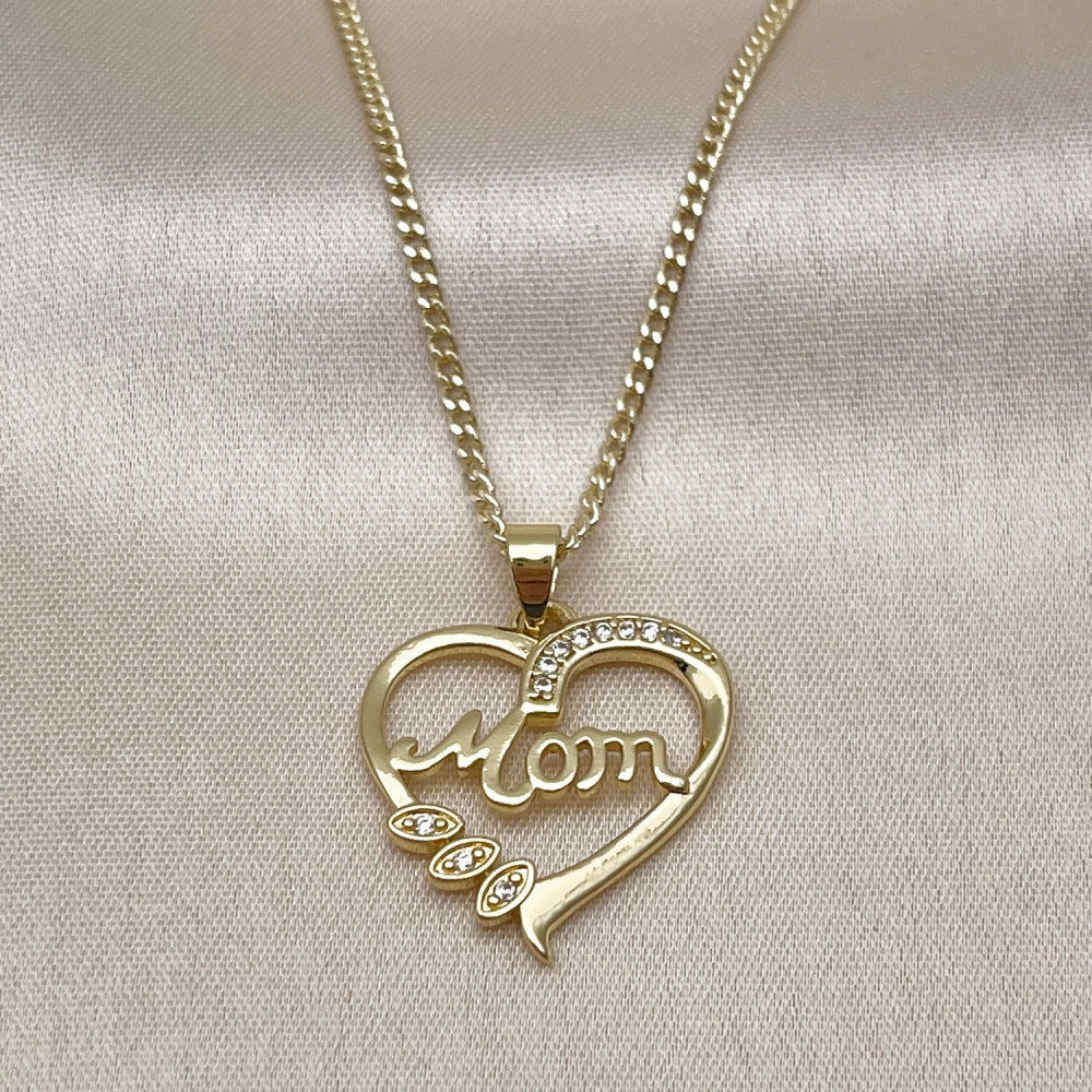 Oro Laminado Pendant Necklace, Gold Filled Style Heart and Mom Design, with White Cubic Zirconia, Polished, Golden Finish