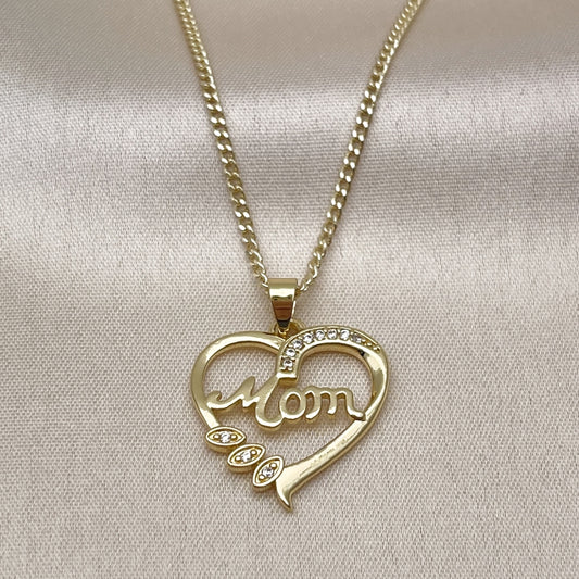 Oro Laminado Pendant Necklace, Gold Filled Style Heart and Mom Design, with White Cubic Zirconia, Polished, Golden Finish