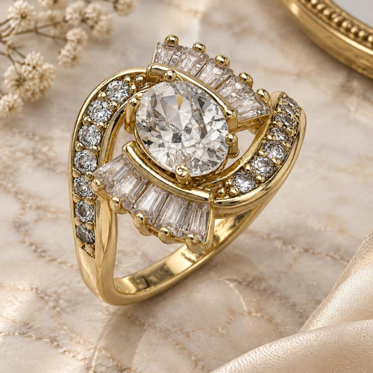 Oro Laminado Multi Stone Ring, Gold Filled Style with White Cubic Zirconia, Polished, Golden Finish