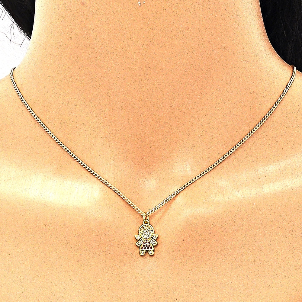 Oro Laminado Pendant Necklace, Gold Filled Style Little Girl Design, with Ruby and White Micro Pave, Polished, Golden Finish