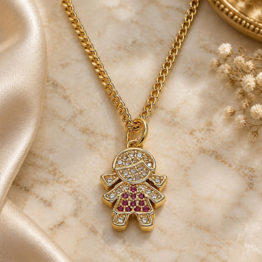 Oro Laminado Pendant Necklace, Gold Filled Style Little Girl Design, with Ruby and White Micro Pave, Polished, Golden Finish