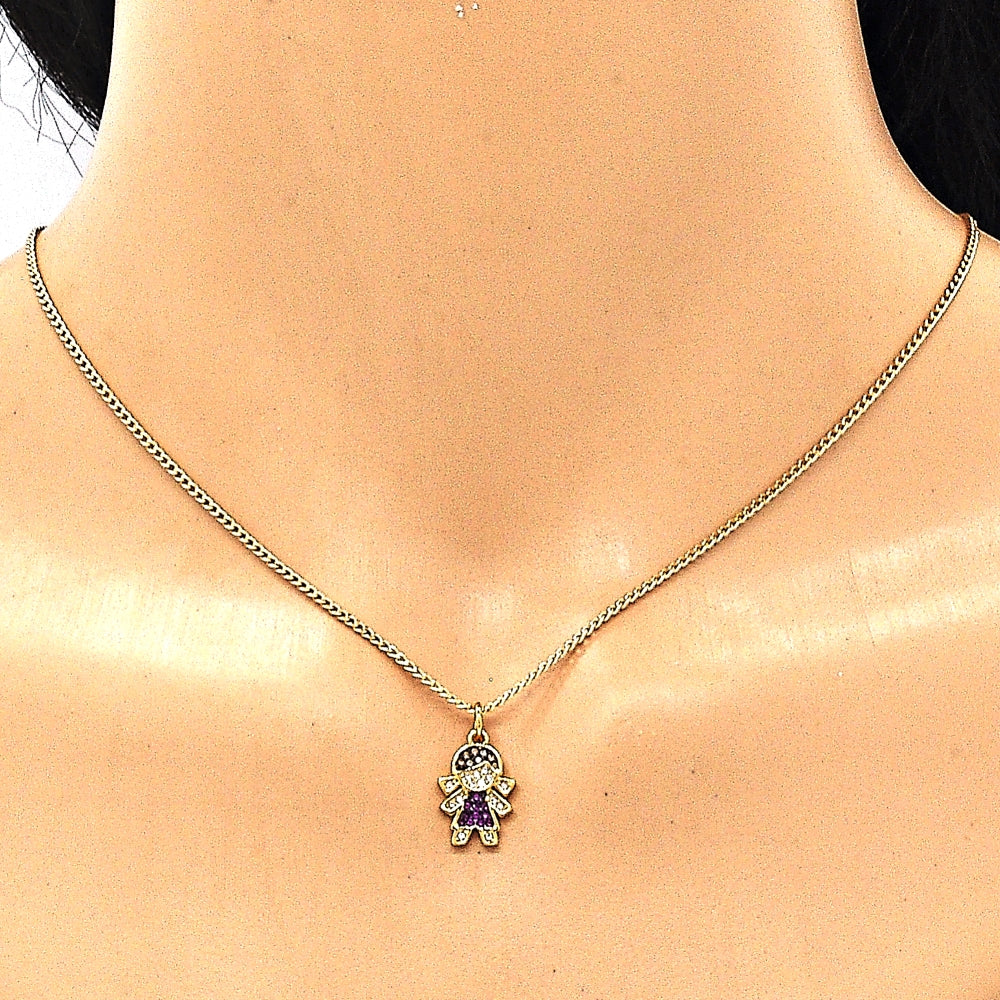 Oro Laminado Pendant Necklace, Gold Filled Style Little Girl Design, with Garnet and White Micro Pave, Black Enamel Finish, Golden Finish
