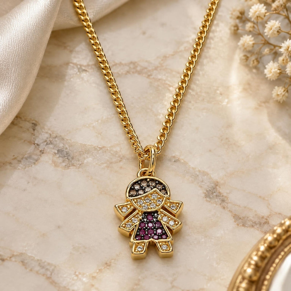Oro Laminado Pendant Necklace, Gold Filled Style Little Girl Design, with Garnet and White Micro Pave, Black Enamel Finish, Golden Finish