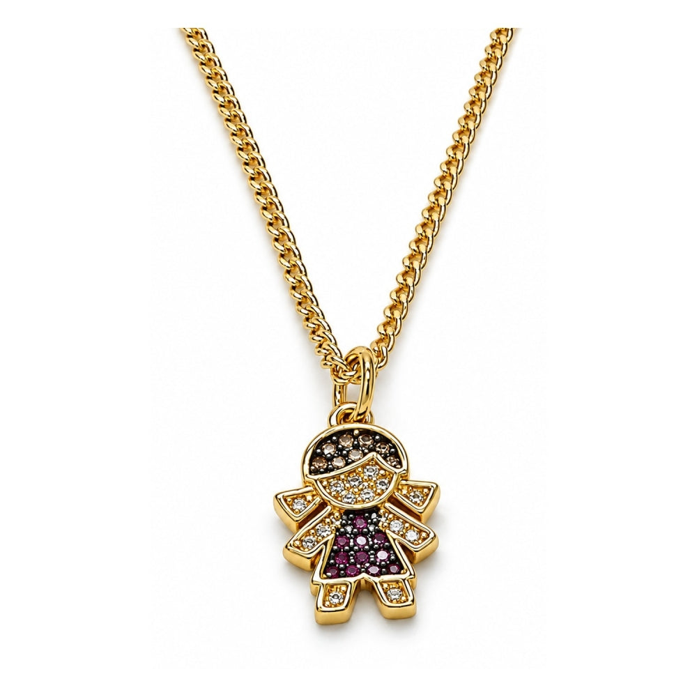 Oro Laminado Pendant Necklace, Gold Filled Style Little Girl Design, with Garnet and White Micro Pave, Black Enamel Finish, Golden Finish