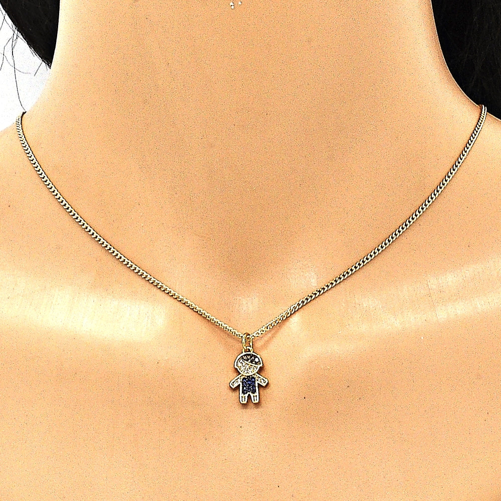 Oro Laminado Pendant Necklace, Gold Filled Style Little Boy Design, with Multicolor and White Micro Pave, Black Enamel Finish, Golden Finish