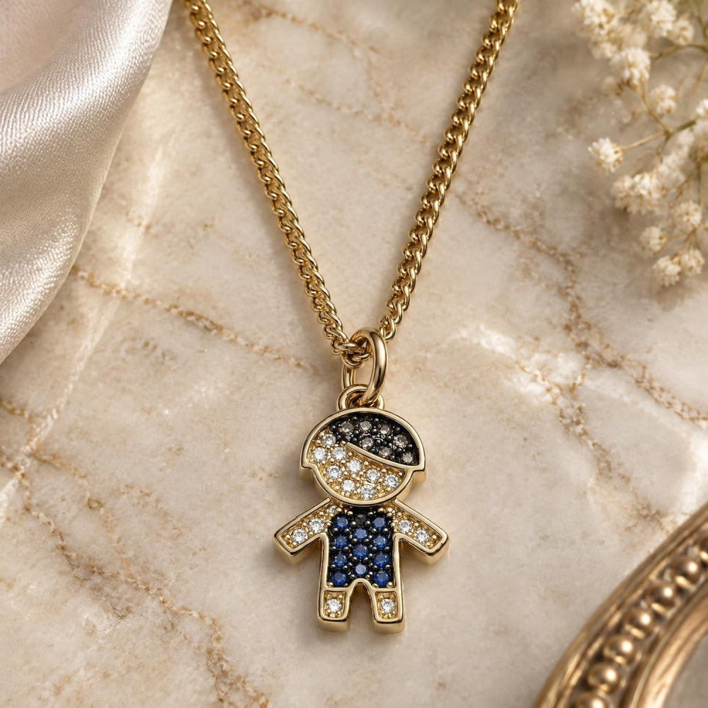 Oro Laminado Pendant Necklace, Gold Filled Style Little Boy Design, with Multicolor and White Micro Pave, Black Enamel Finish, Golden Finish
