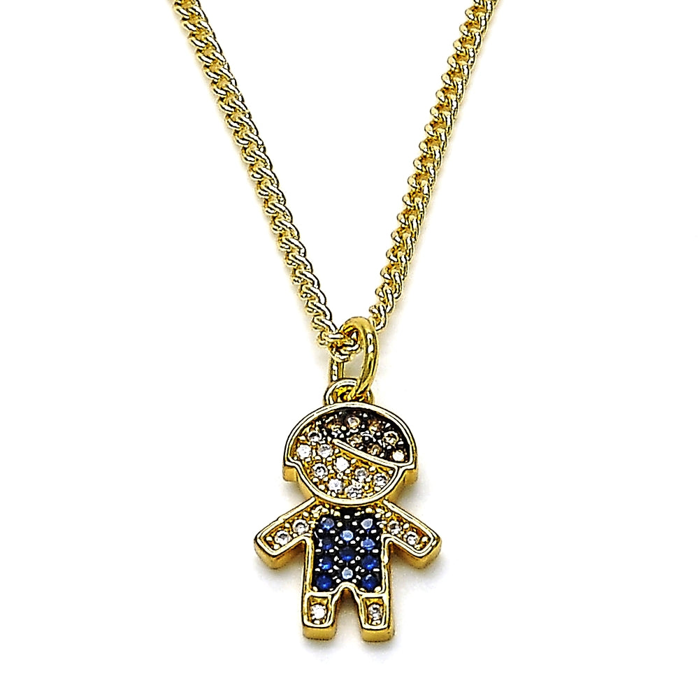 Oro Laminado Pendant Necklace, Gold Filled Style Little Boy Design, with Multicolor and White Micro Pave, Black Enamel Finish, Golden Finish