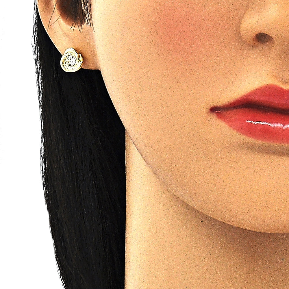 Oro Laminado Stud Earring, Gold Filled Style with White Crystal, Polished, Golden Finish