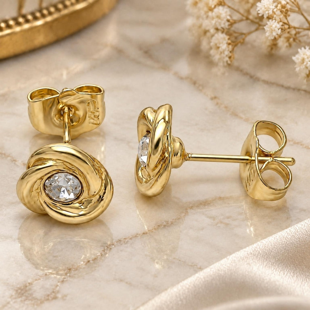 Oro Laminado Stud Earring, Gold Filled Style with White Crystal, Polished, Golden Finish