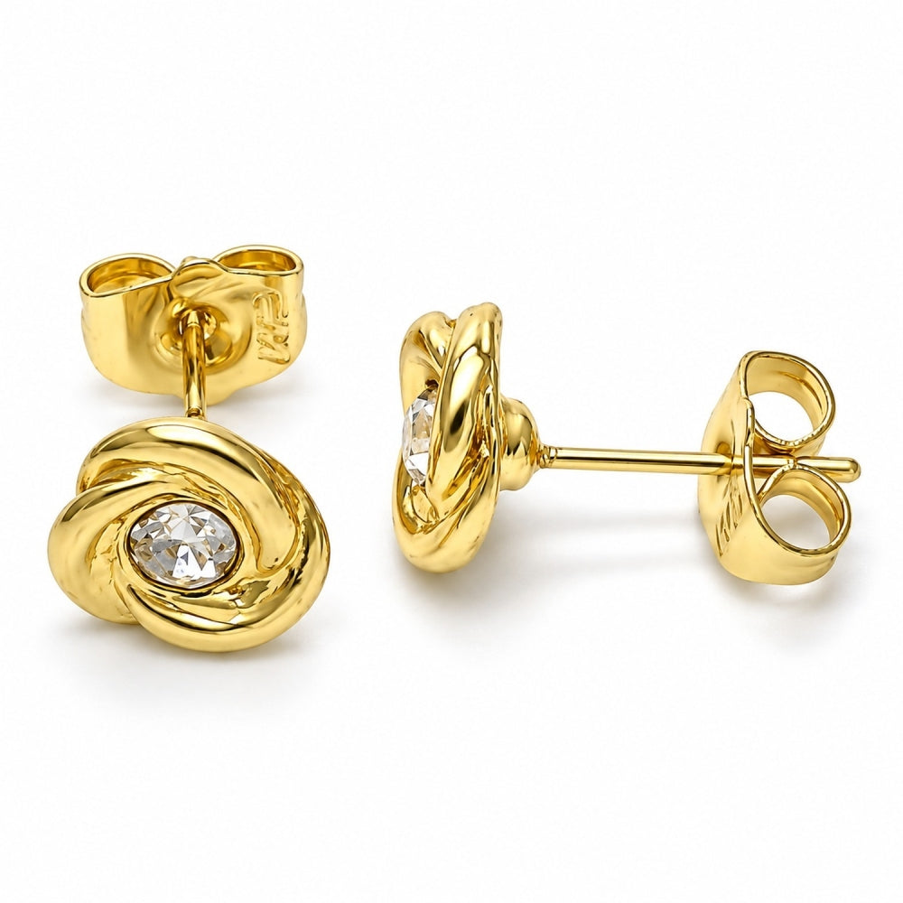 Oro Laminado Stud Earring, Gold Filled Style with White Crystal, Polished, Golden Finish