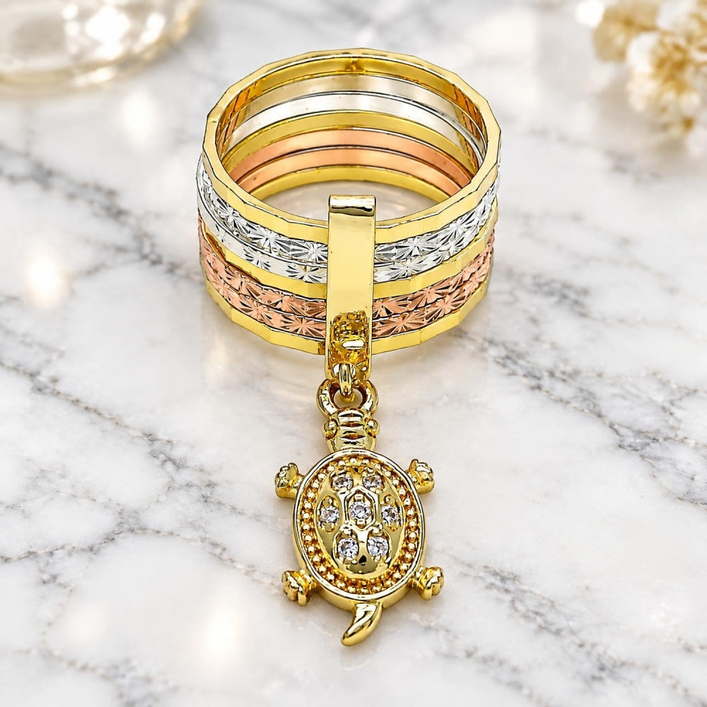 Oro Laminado Multi Stone Ring, Gold Filled Style Semanario and Turtle Design, with White Cubic Zirconia, Diamond Cutting Finish, Tricolor