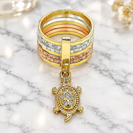 Oro Laminado Multi Stone Ring, Gold Filled Style Semanario and Turtle Design, with White Cubic Zirconia, Diamond Cutting Finish, Tricolor