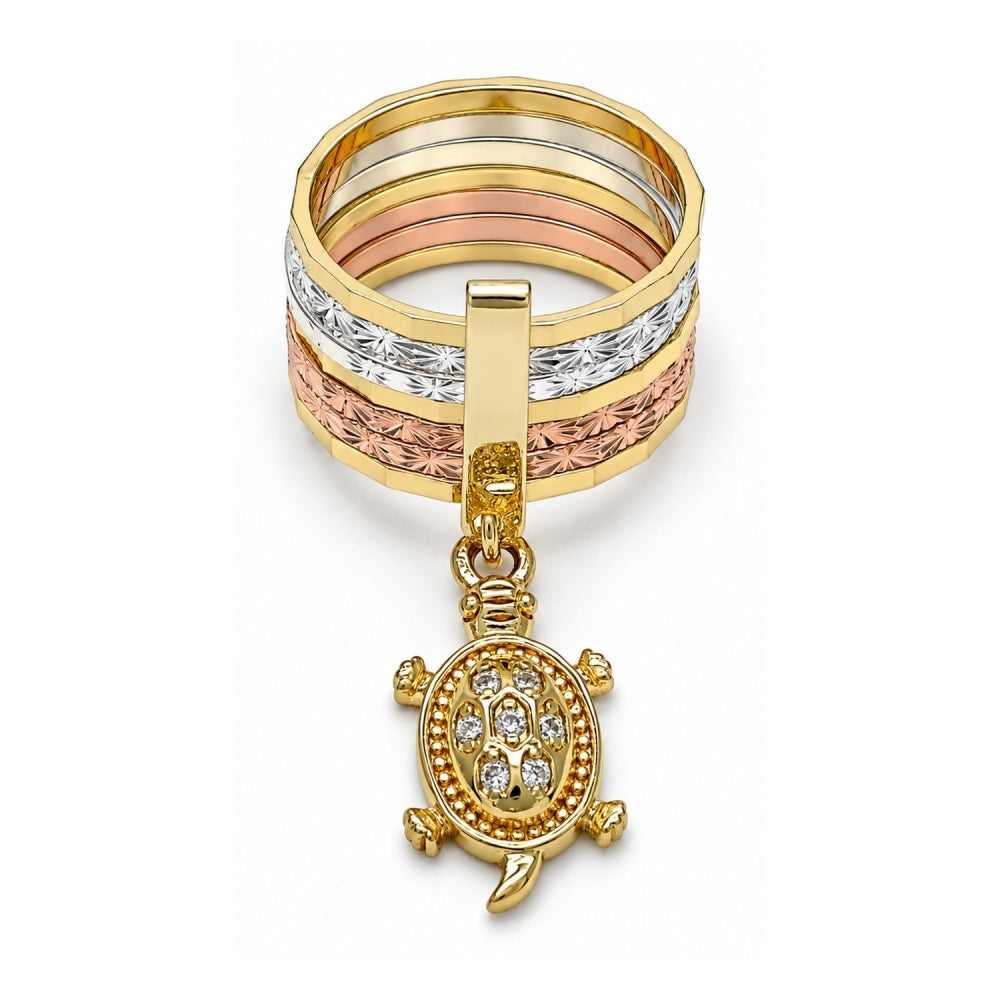 Oro Laminado Multi Stone Ring, Gold Filled Style Semanario and Turtle Design, with White Cubic Zirconia, Diamond Cutting Finish, Tricolor