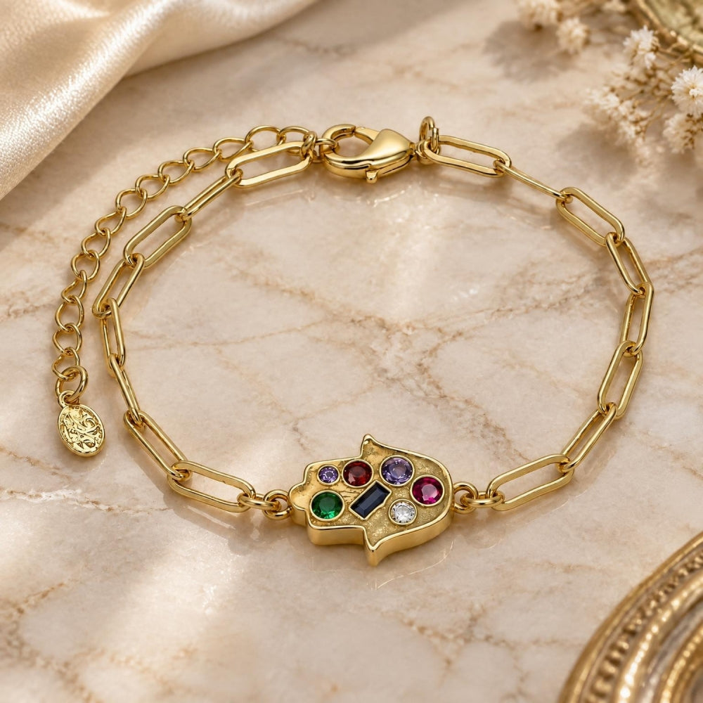 Oro Laminado Fancy Bracelet, Gold Filled Style Hand of God and Paperclip Design, with Multicolor Cubic Zirconia, Polished, Golden Finish