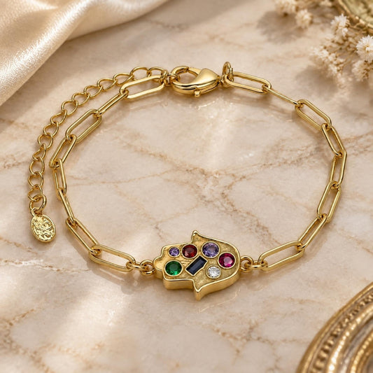 Oro Laminado Fancy Bracelet, Gold Filled Style Hand of God and Paperclip Design, with Multicolor Cubic Zirconia, Polished, Golden Finish