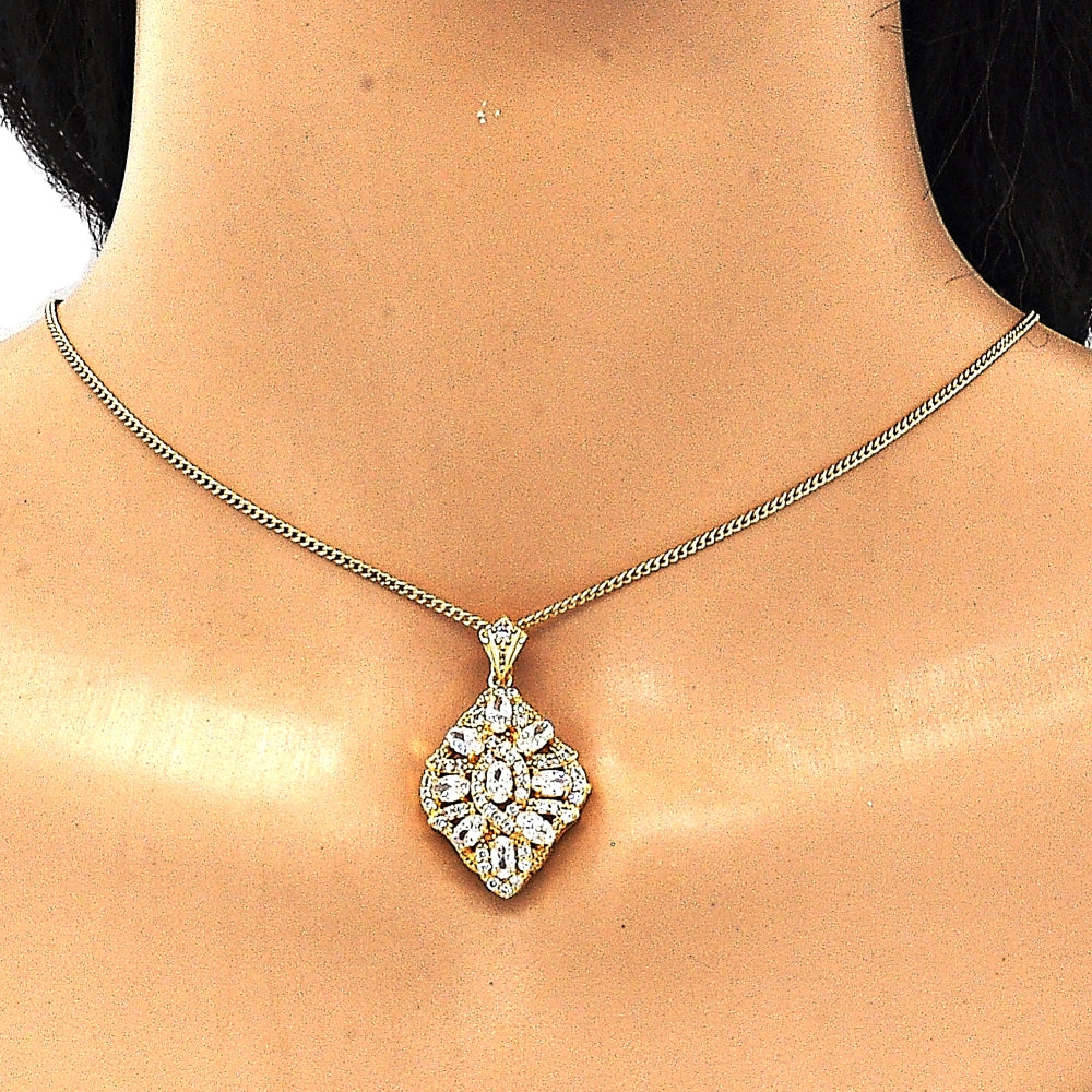 Oro Laminado Pendant Necklace, Gold Filled Style with White Cubic Zirconia and White Micro Pave, Polished, Golden Finish