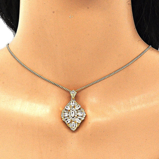 Oro Laminado Pendant Necklace, Gold Filled Style with White Cubic Zirconia and White Micro Pave, Polished, Golden Finish