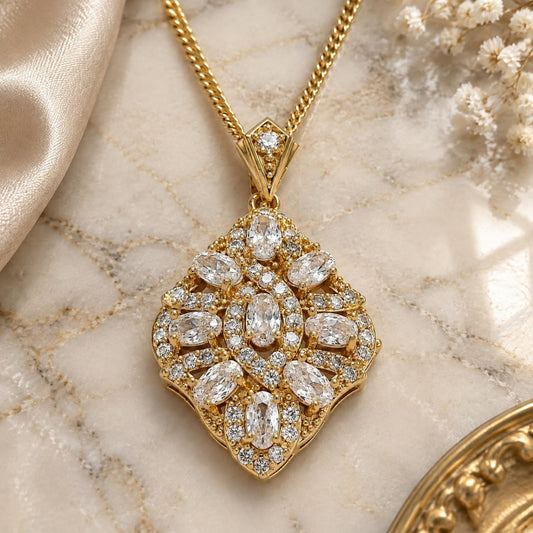 Oro Laminado Pendant Necklace, Gold Filled Style with White Cubic Zirconia and White Micro Pave, Polished, Golden Finish