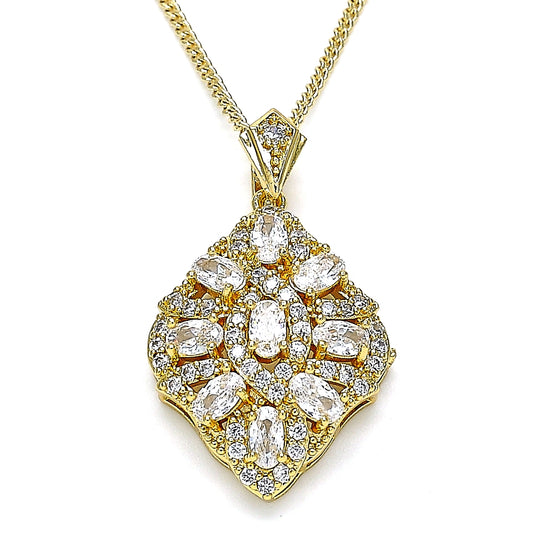 Oro Laminado Pendant Necklace, Gold Filled Style with White Cubic Zirconia and White Micro Pave, Polished, Golden Finish