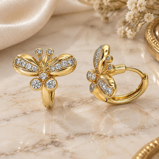 Oro Laminado Huggie Hoop, Gold Filled Style Butterfly Design, with White Cubic Zirconia, Polished, Golden Finish