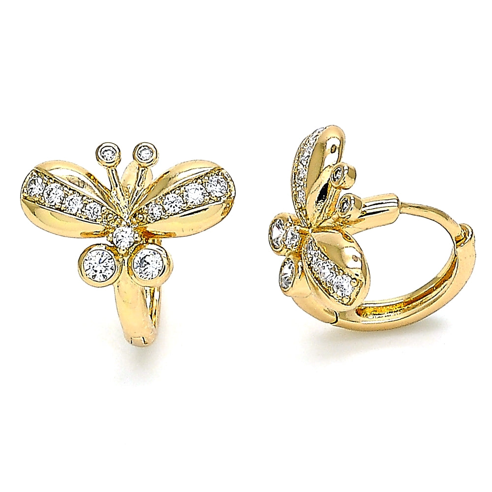 Oro Laminado Huggie Hoop, Gold Filled Style Butterfly Design, with White Cubic Zirconia, Polished, Golden Finish