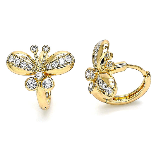Oro Laminado Huggie Hoop, Gold Filled Style Butterfly Design, with White Cubic Zirconia, Polished, Golden Finish