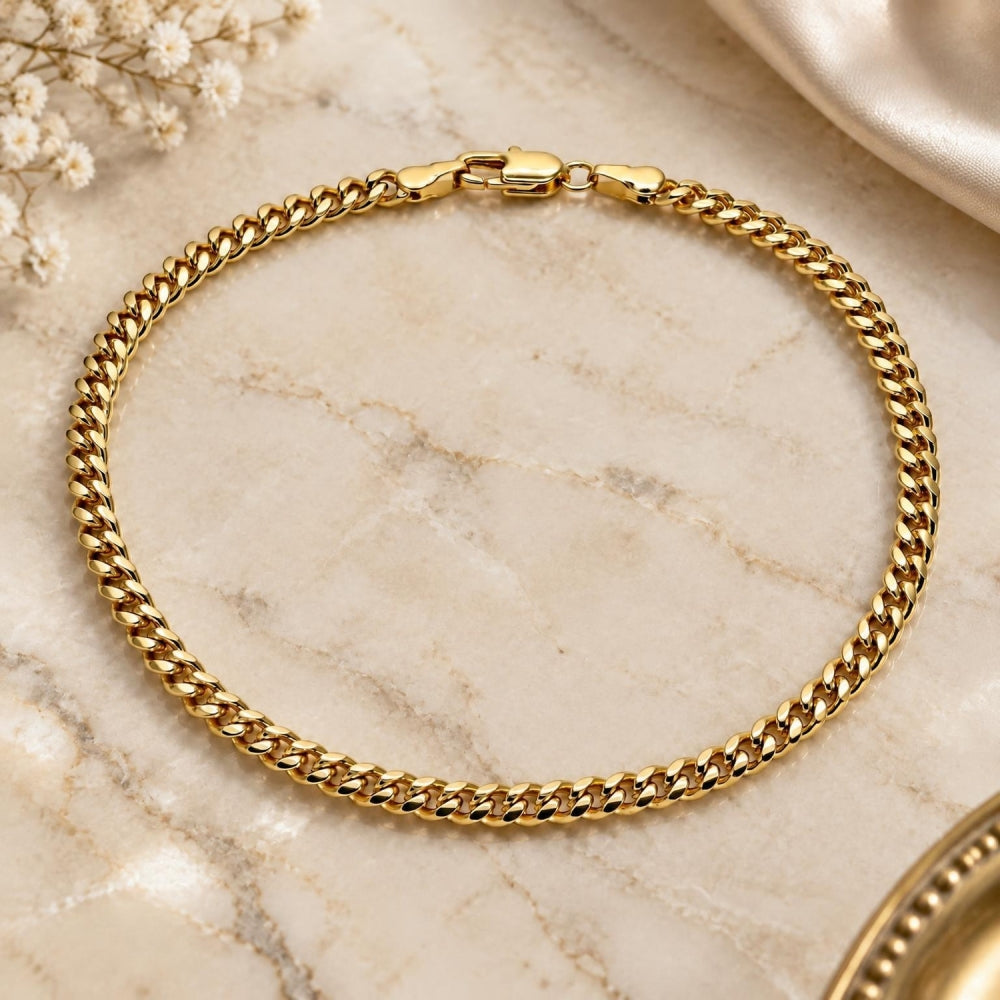Oro Laminado Basic Anklet, Gold Filled Style Miami Cuban Design, Polished, Golden Finish