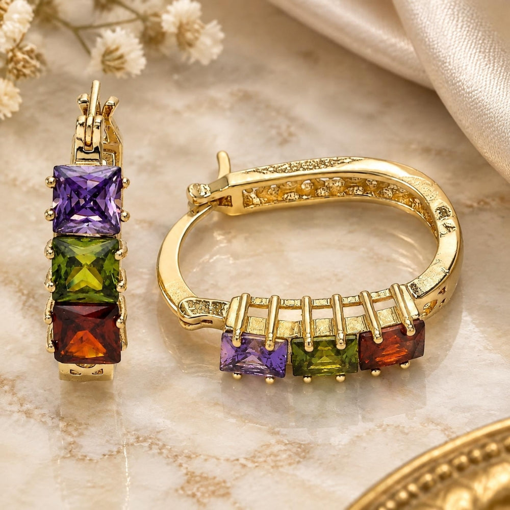 Oro Laminado Small Hoop, Gold Filled Style with Multicolor Cubic Zirconia, Polished, Golden Finish