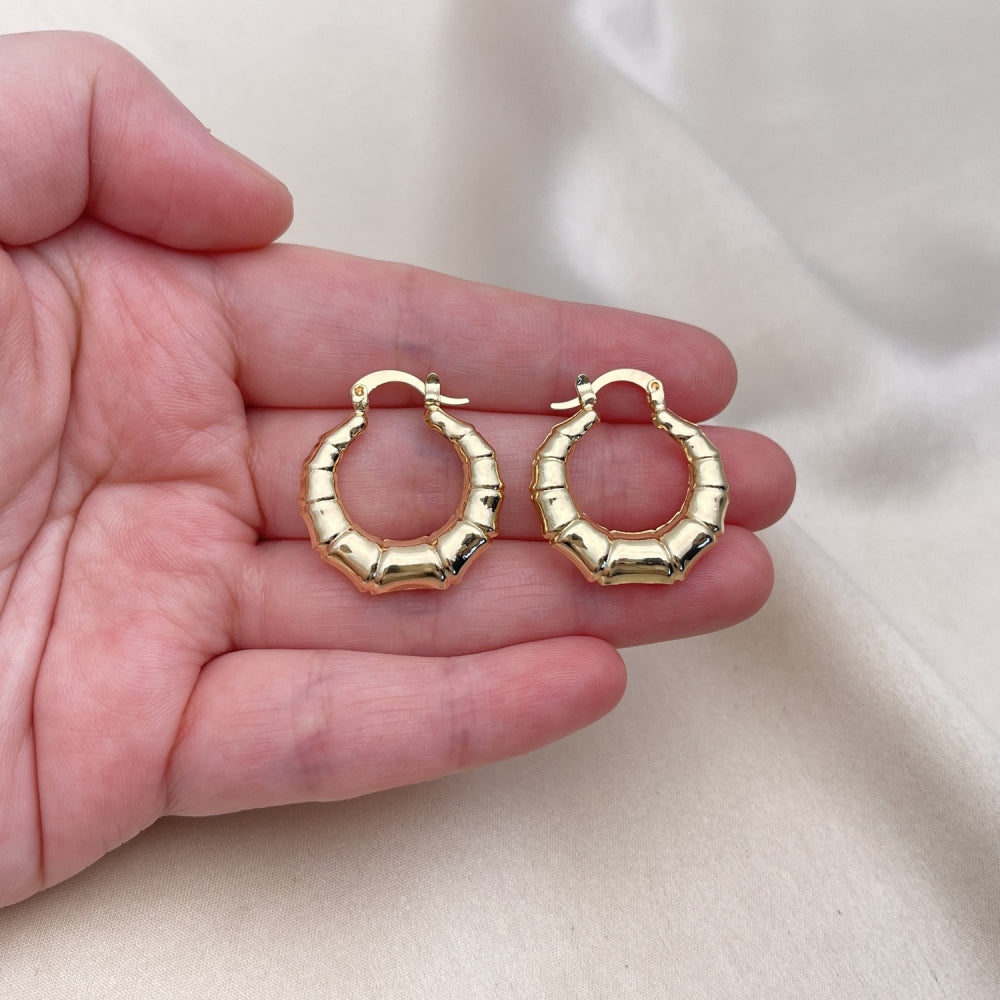 Oro Laminado Small Hoop, Gold Filled Style Bamboo and Hollow Design, Polished, Golden Finish