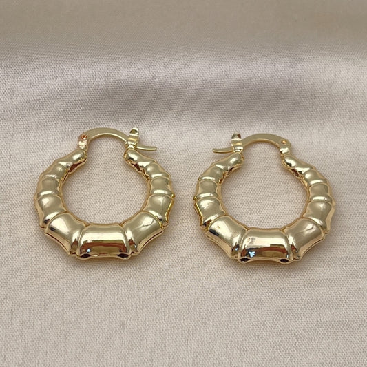 Oro Laminado Small Hoop, Gold Filled Style Bamboo and Hollow Design, Polished, Golden Finish