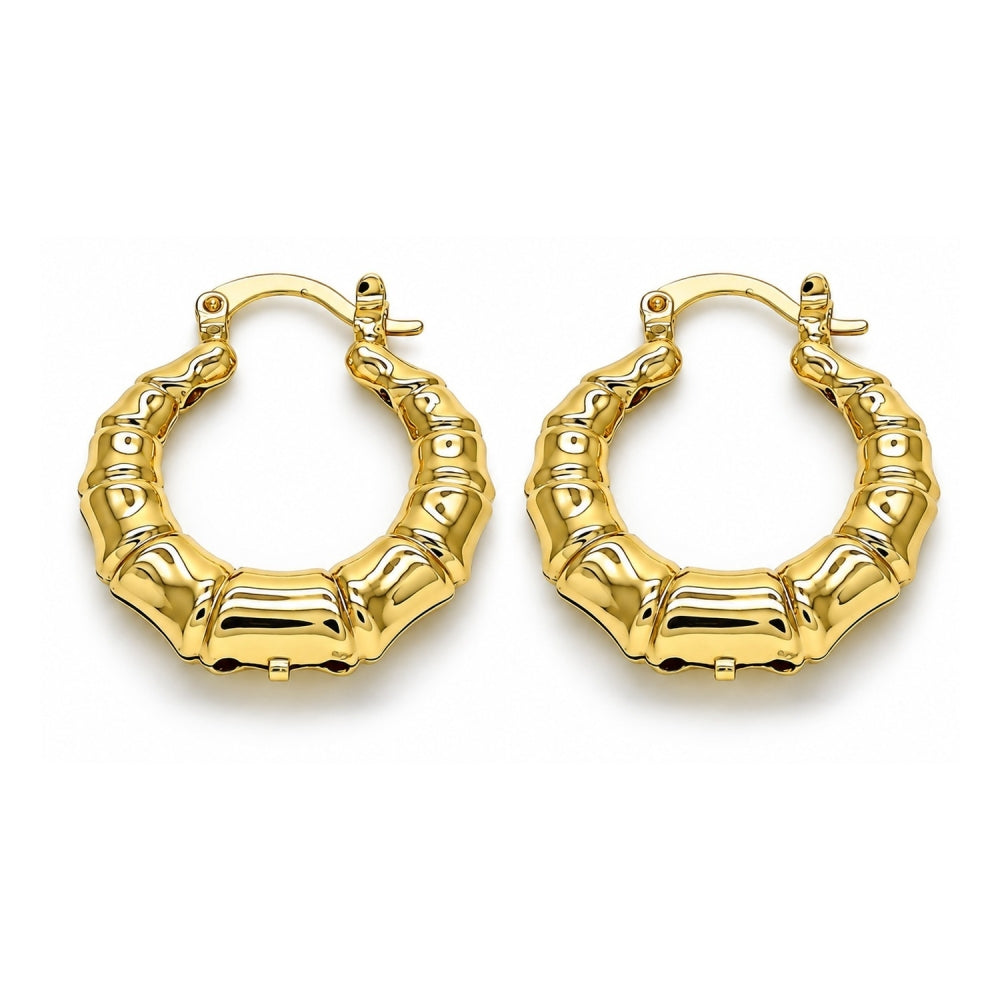 Oro Laminado Small Hoop, Gold Filled Style Bamboo and Hollow Design, Polished, Golden Finish