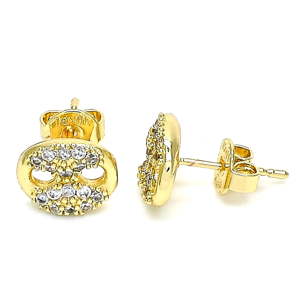 Oro Laminado Stud Earring, Gold Filled Style Puff Mariner Design, with White Micro Pave, Polished, Golden Finish
