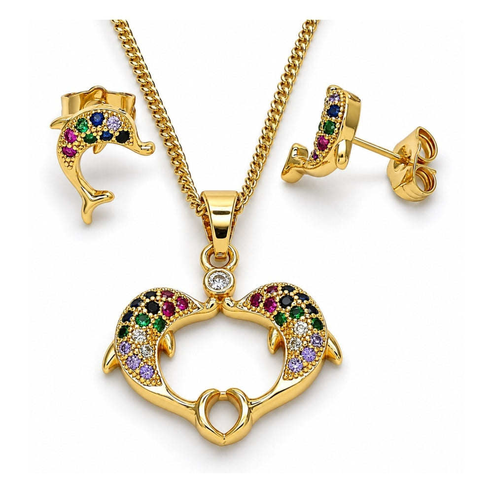 Oro Laminado Earring and Pendant Adult Set, Gold Filled Style Dolphin Design, with Multicolor Micro Pave and White Cubic Zirconia, Polished, Golden Finish