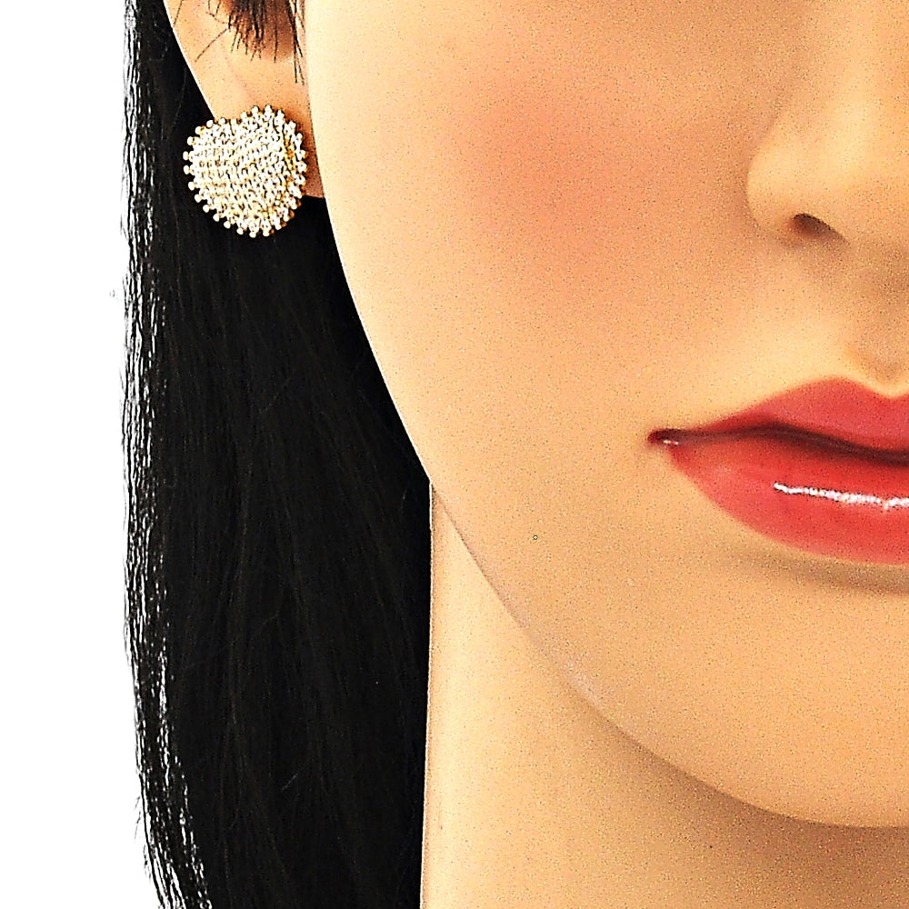 Oro Laminado Stud Earring, Gold Filled Style Heart Design, with White Micro Pave, Polished, Golden Finish