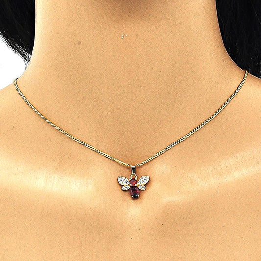 Oro Laminado Earring and Pendant Adult Set, Gold Filled Style Bee Design, with Garnet Cubic Zirconia and White Micro Pave, Polished, Golden Finish