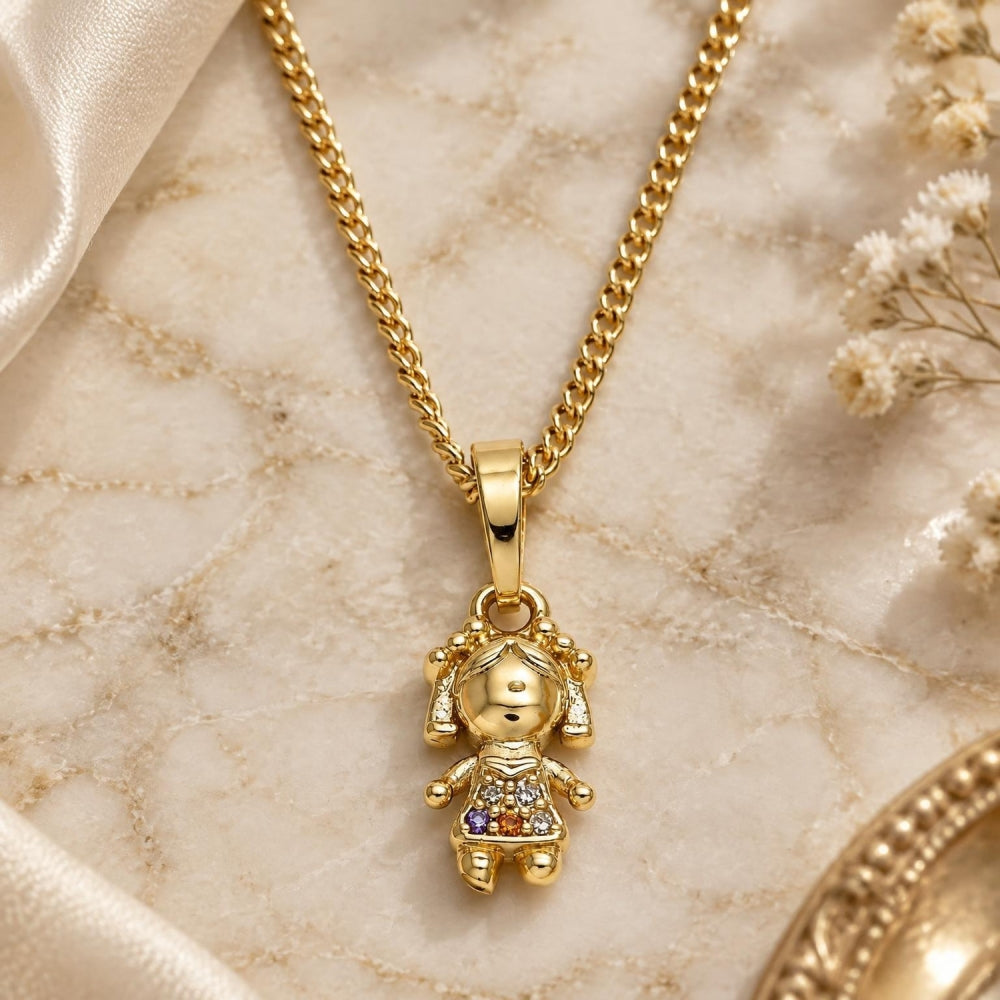 Oro Laminado Pendant Necklace, Gold Filled Style Little Girl Design, with Multicolor Micro Pave, Polished, Golden Finish