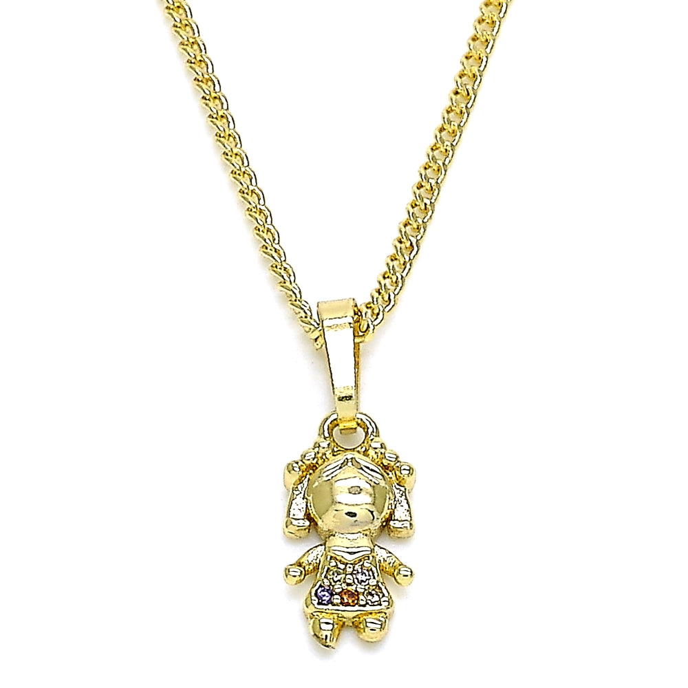 Oro Laminado Pendant Necklace, Gold Filled Style Little Girl Design, with Multicolor Micro Pave, Polished, Golden Finish