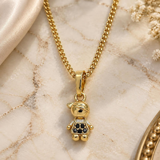 Oro Laminado Pendant Necklace, Gold Filled Style Little Boy Design, with Black Micro Pave, Polished, Golden Finish