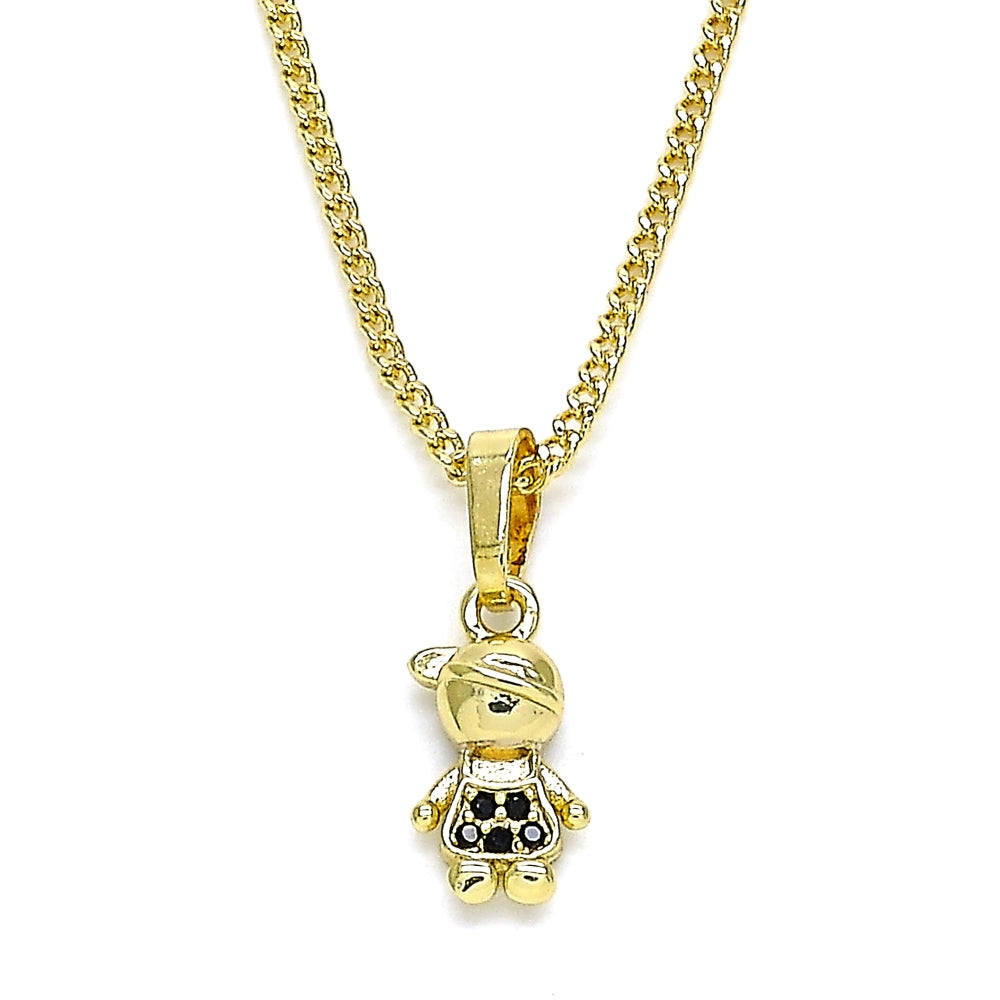 Oro Laminado Pendant Necklace, Gold Filled Style Little Boy Design, with Black Micro Pave, Polished, Golden Finish