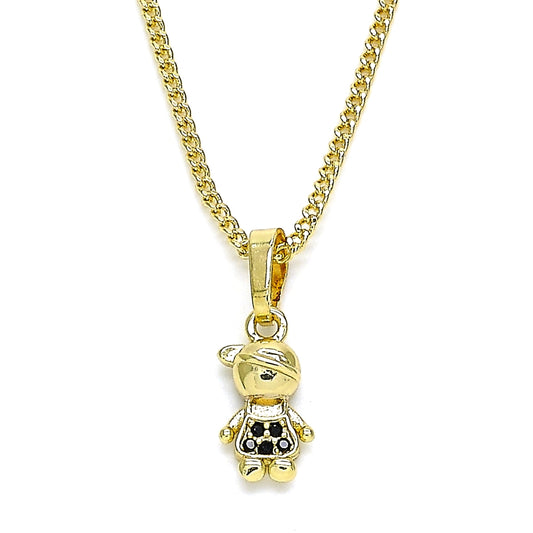 Oro Laminado Pendant Necklace, Gold Filled Style Little Boy Design, with Black Micro Pave, Polished, Golden Finish