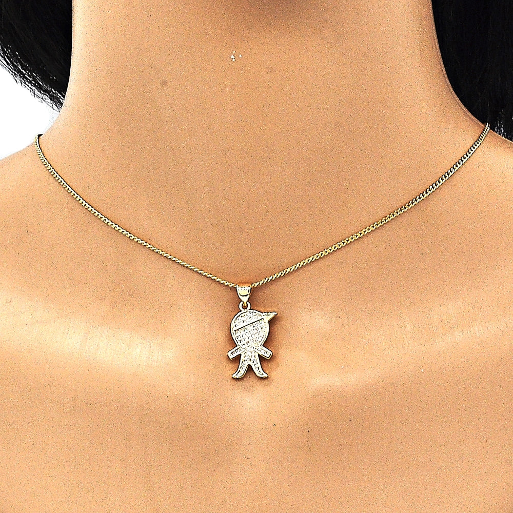 Oro Laminado Pendant Necklace, Gold Filled Style Little Boy Design, with White Micro Pave, Polished, Golden Finish